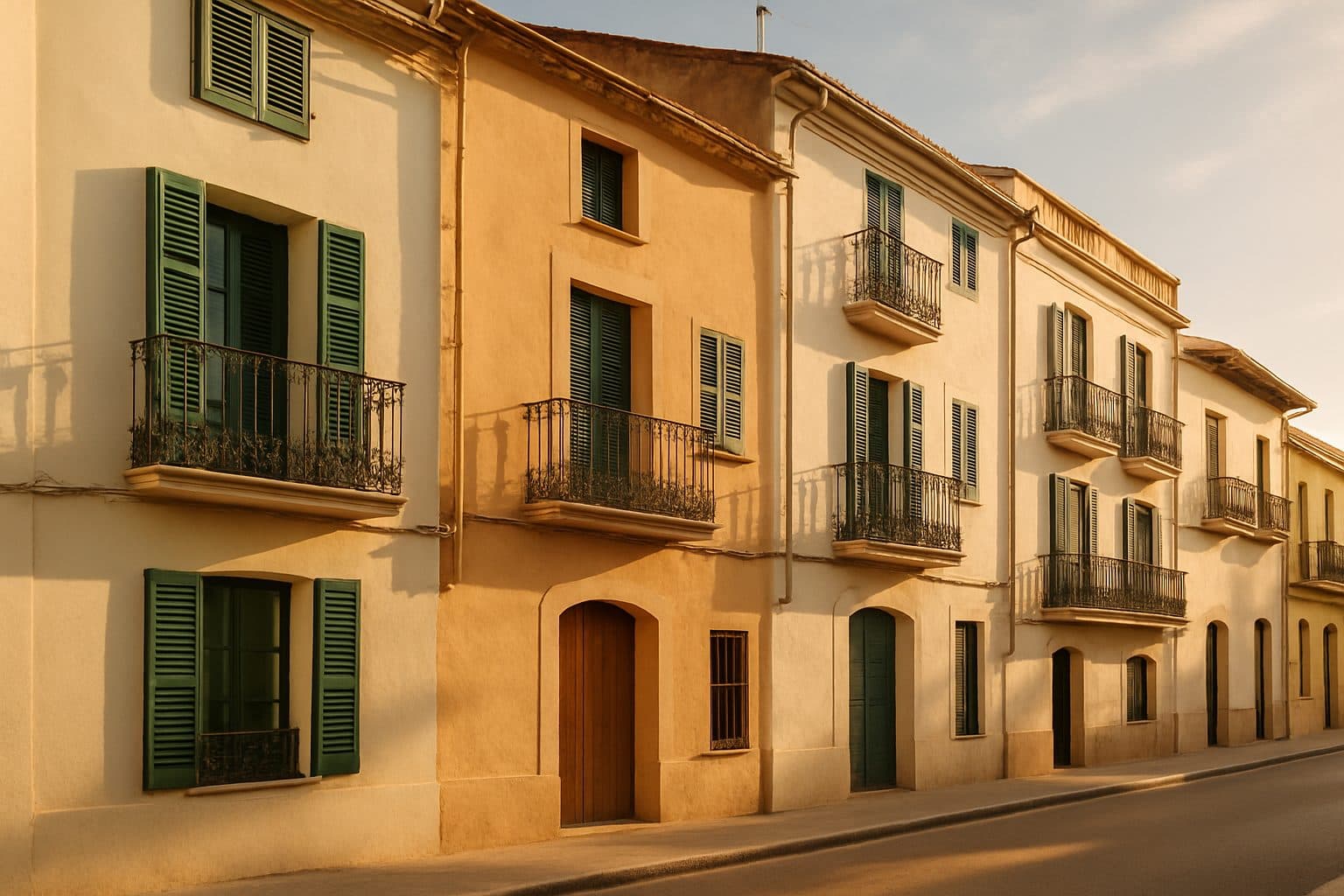 Fachadas mediterráneas con balcones y persianas verdes, el carácter de Canyadó