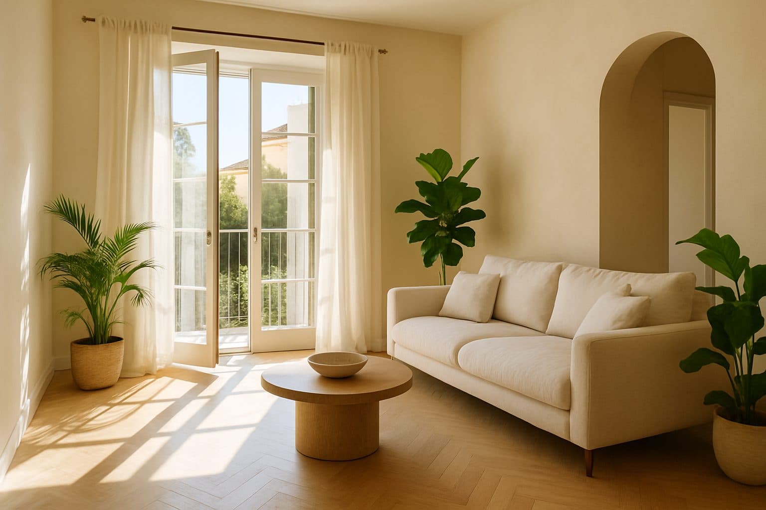 Salón mediterráneo reformado, luminoso y cálido