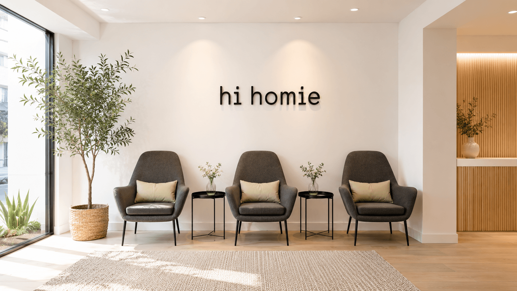 Oficina HiHomie en el centro de Badalona — sala de espera con asientos cómodos, planta de olivo y luz natural